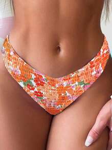 SHEIN Swim Women's Summer Beach Orange Floral Print Bikini Bottom With Random Print - Multicolor - View 1