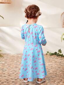 SHEIN Baby Girl Round Neck Long Sleeve  Flower Print Dress - Blue - View 2