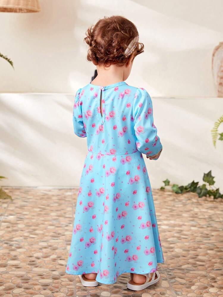 Baby Girl Round Neck Long Sleeve  Flower Print Dress