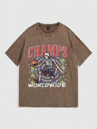 Herren Sommer Lässig T-Shirt mit Totenkopfdruck und Buchstaben-Muster, Rundhalsausschnitt