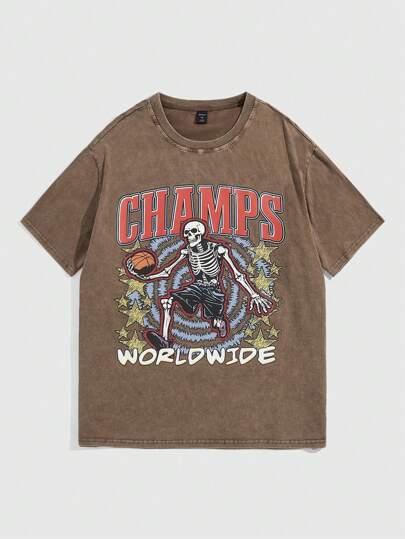 T-shirt d'été décontracté pour hommes imprimé tête de mort à manches courtes avec impression de lettres, col rond