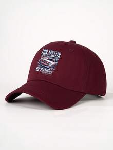 SHEIN 1pc Printed Burgundy Racing Baseball Cap, Unisex - Burgundy - View 2