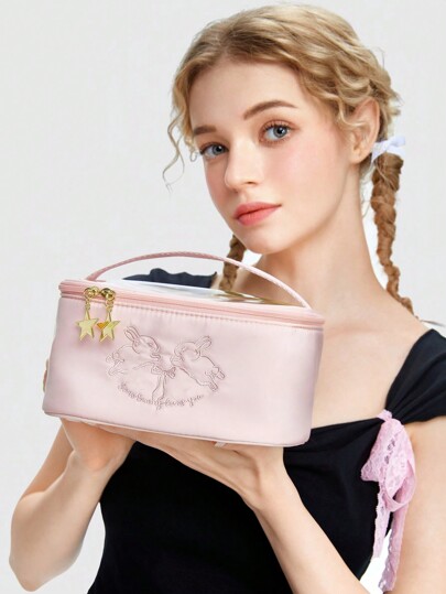 Kawaii حقيبة مكياج أرنب بنمط 336027 كبيرة المقاس، صندوق مكياج محمول بنمط نجوم للنساء والفتيات، مقاوم للماء ومصمم بمقبض، يستخدم للسفر والرحلات التجارية