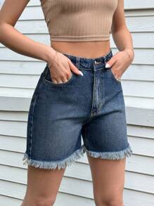 RueChic High Waist Ripped Raw Hem Straight Leg Denim Shorts - Medium Wash - View 7
