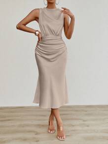 RosyDaze Vestido elegante de verano para mujer de unicolor con cintura fruncida, falda de cola de pez sin mangas, vestido maxi de satén para mujer