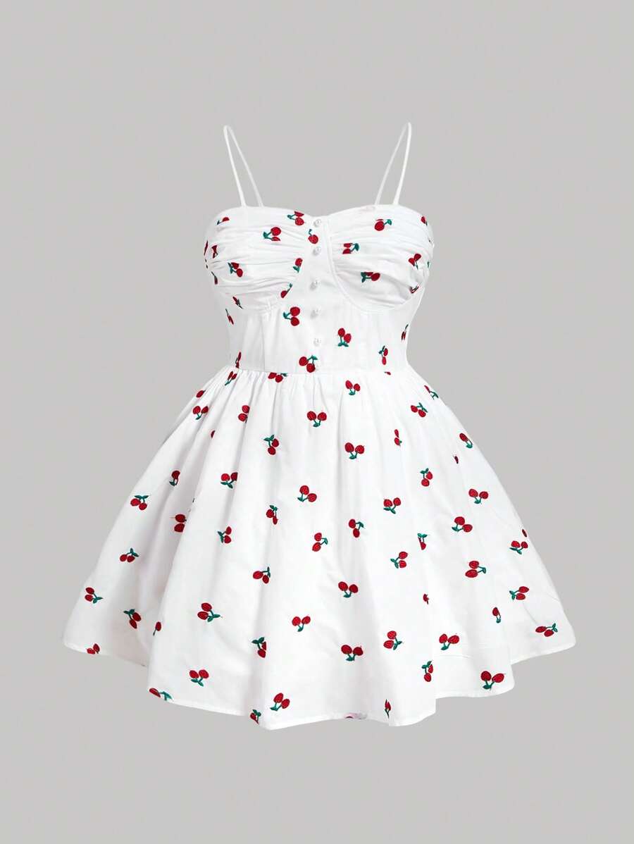 SHEIN MOD Vestido blanco de verano con decoración de bordado de cereza y perlas con tirantes - Multicolor - Ver 1