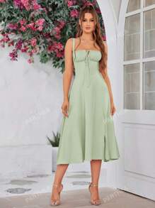 PARTHEA Backless Crisscross Lace Up Ruched Boning Corset Cami Dress