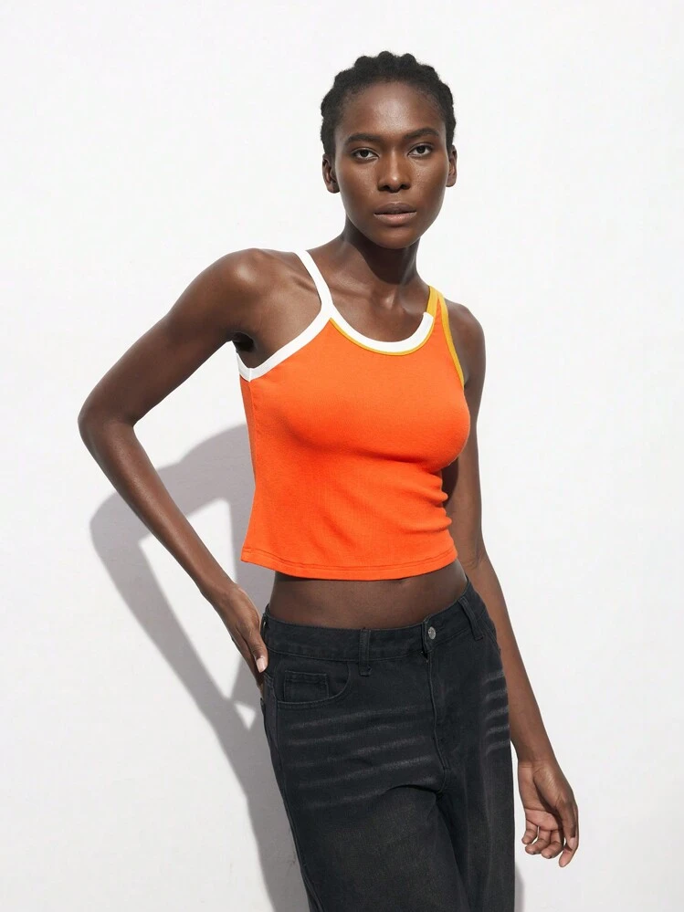 Maija Camiseta sin mangas ajustada de color contrastante para mujer, top minimalista para el verano - Naranja - Añade 4