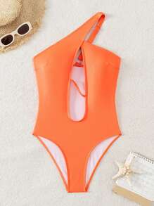 Swim SXY Women's Solid Color Asymmetrical Neckline Hollow Out Sexy One-Piece Swimsuit Bathing Suit For Summer Beach