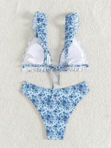 SHEIN Swim Women's Summer Beach Floral Ruffle Sexy Bikini Set, Random Print