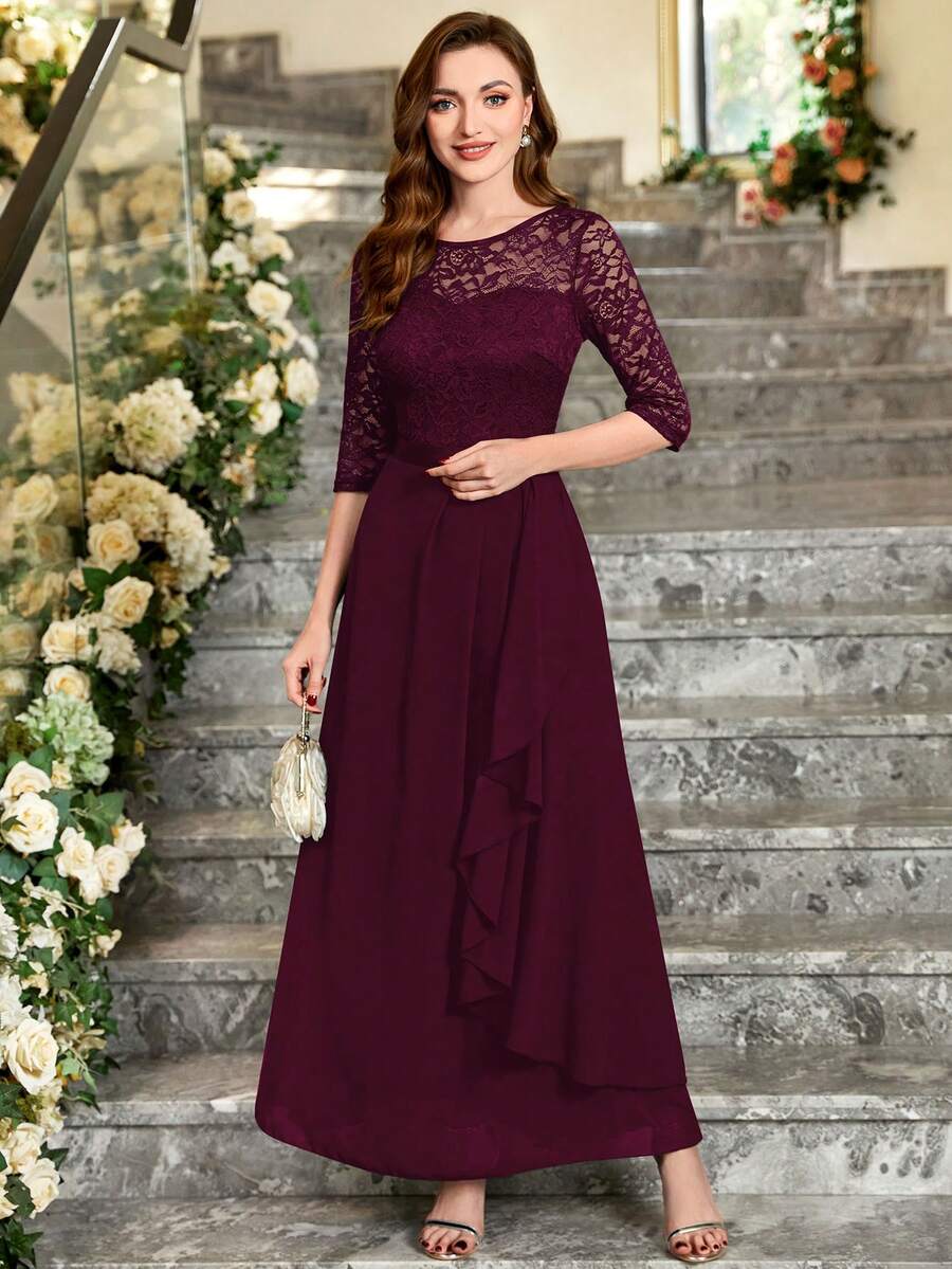 MIUSOL 蕾絲肩部荷葉邊雪紡連衣裙