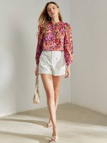 MOTF PREMIUM ALLOVER PRINT FRILL TIE NECK LANTERN SLEEVE BLOUSE