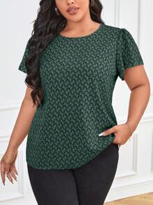 SHEIN LUNE 大码夏季休闲全印花短袖衬衫 - 綠色 - 查看 1