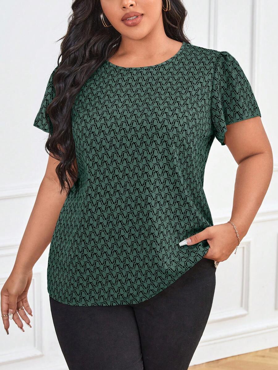 SHEIN LUNE 大码夏季休闲全印花短袖衬衫 - 綠色 - 查看 1