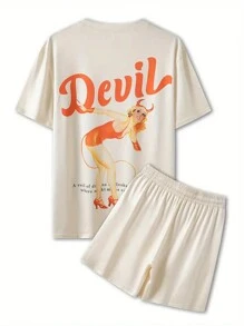 2pcs Men's Summer Casual Outfit Set, Cartoon Print Short Sleeve Round Neck T-Shirt And Solid Color Drawstring Shorts With Pockets - Apricot - View 1