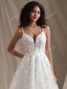 Women's Floral Embroidered Mesh Maxi Elegant Bridesmaid Dress Wedding Bridal Dress