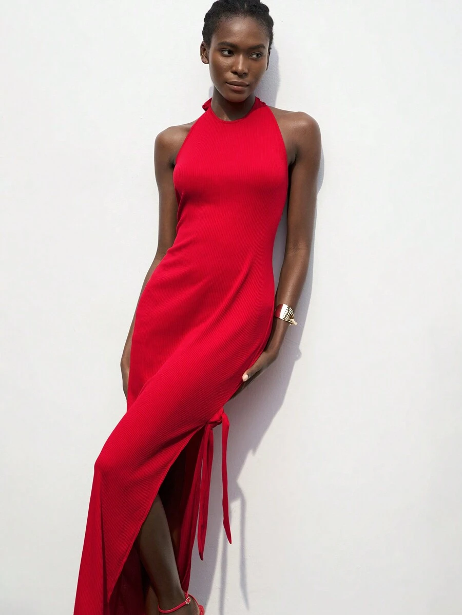 Maija Vestido de fiesta de verano rojo solido, vestido sencillo y elegante de hombros abiertos para boda, cumpleaños - Rojo - Ver 1