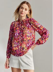 MOTF PREMIUM ALLOVER PRINT FRILL TIE NECK LANTERN SLEEVE BLOUSE