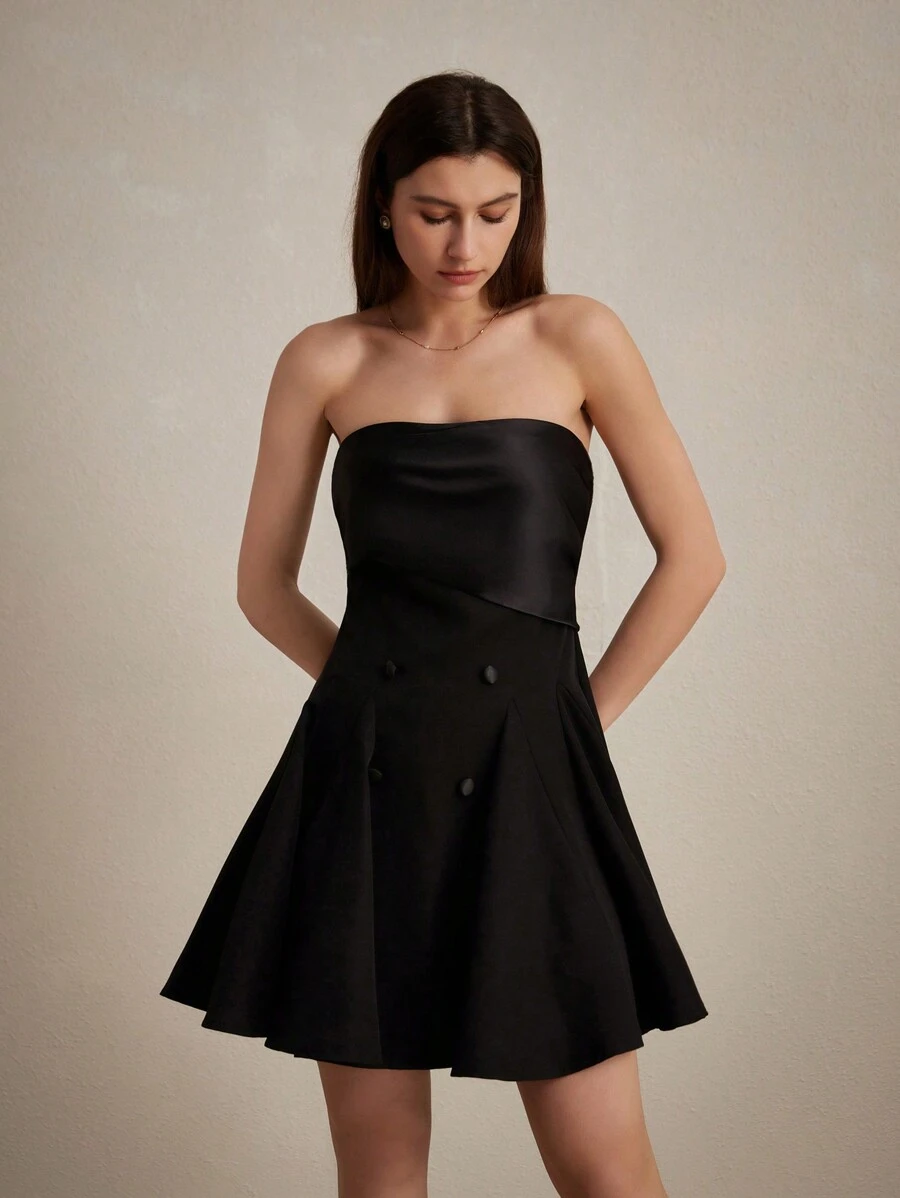 SHEIN Privé Women's Summer Fashion Solid Color Strapless A-Line Dress - Black - View 1