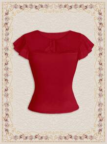 Vintamour Camiseta de manga acampanada con cuello redondo, panel de malla y lazo, ropa de verano, atuendos sexys para salir, blusa roja