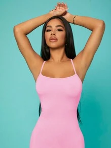 SHEIN SXY Prom Dress;Women's Summer Solid Color Simple Long Bodycon Slip Dress,Pastel Dresses For Women - Watermelon Pink - View 6