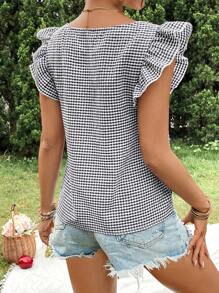 SHEIN VCAY Camisa de cuadros con mangas de gorra, escote cuadrado, ajuste regular para mujer, ideal para vacaciones