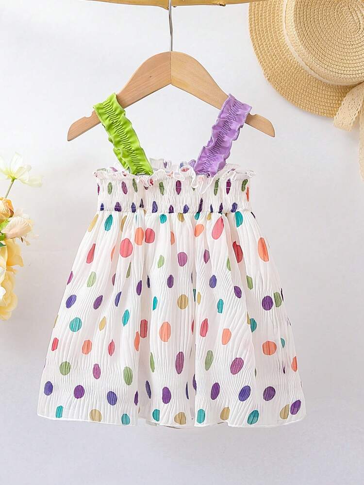 Baby Girl Cute Polka Dot Texture Fabric Color Blocking Sling Dress, Spring/Summer Fashion