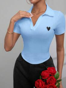 SHEIN Essnce Women's Summer Short Sleeve Slim Fit T-Shirt With Heart Embroidery Collar