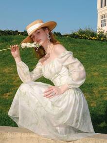 紮染圖案一字肩胸部褶皺連衣裙 - 綠色 - 查看 4