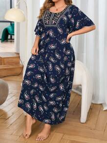 Plus Size Soft Short Sleeve Medium-Long Length Sleep Dress Pajama Dress With Paisley Floral Print, Moo Moo - Navy Blue - View 6