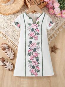 Robe élégante d'été décontractée imprimée floral à encolure en V encoche pour fillette avec manches courtes pour les vacances - Multicolore - Voir 1