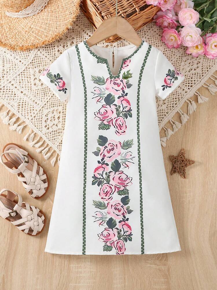Baby Girl Summer Floral Printed Notch V-Neck Short Sleeve Casual Holiday Elegant Dress