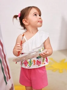 SHEIN Set aus Spaghetti-Träger Top und Shorts für Baby Mädchen im Sommer, tropisches Unterwasserwelt-Muster in Rot, Urlaubskleidung - Verschiedenfarbig - Übersicht 5
