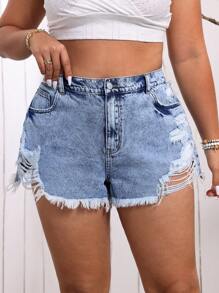 Breezaya Plus Size Summer Casual Distressed Frayed Hem Denim Shorts - Dark Wash - View 1
