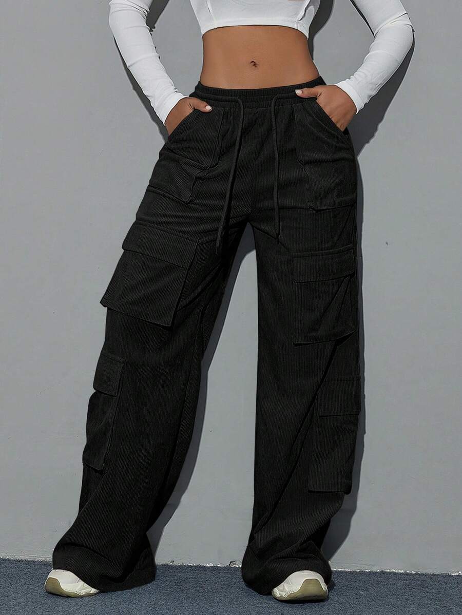 Y2K Flap Pocket Drawstring Waist Wide Leg Hip Hop Cargo Corduroy Pants - Black - View 1