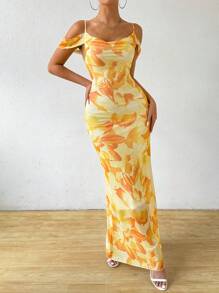 Chiquease Mesh Double Layers Bodycon Long Dress Maxi Women Outfit - Yellow - View 4