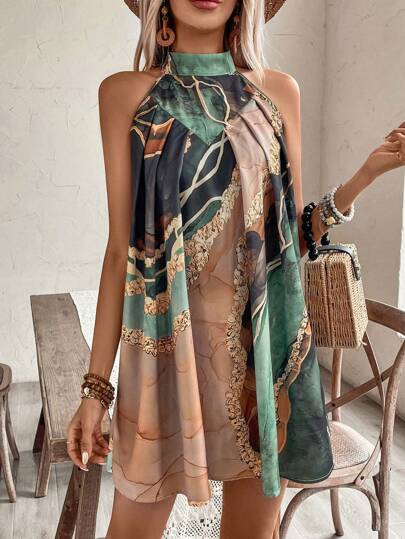 Breezaya Women's Sleeveless Asymmetrical Print Halter Neck Tie Waist Dress Vacation Beach Outfit