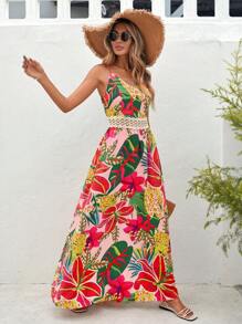 SHEIN VCAY 女式拼接蕾絲腰帶和花卉印花假兩件雪紡連身裙，夏季假期必備