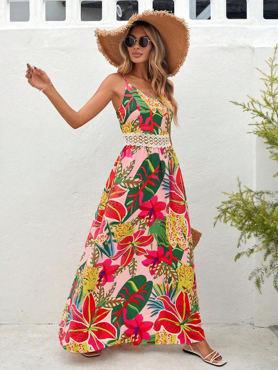 SHEIN VCAY 女式拼接蕾絲腰帶和花卉印花假兩件雪紡連身裙，夏季假期必備