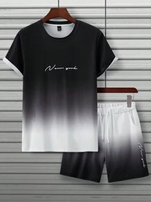 Manfinity Homme Men's Summer Letter Graphic Gradient Color Short Sleeve Casual T-Shirt And Drawstring Waist Shorts Set, Urban, Boyfriend Gift