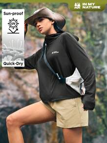 In My Nature Chaqueta Protectora Solar Con Capucha Y Estampado De Letras Para Mujer - Negro - Ver 1