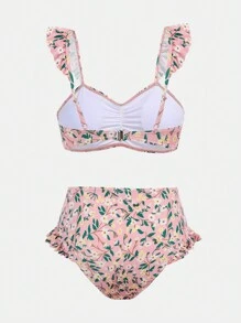 SHEIN Teen Girl Pink Ditsy Floral Mini Flutter Sleeve Bikini With Ruffle Trim And Sarong Cover-Up Set, Ideal For Beach Vacation And Swimming