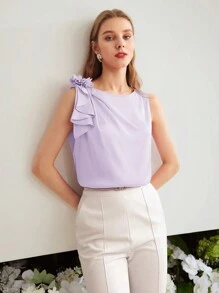 MOTF PREMIUM Blusa sin mangas de diseño sólido con detalle de flores estéreo - Morado Violeta - Ver 3