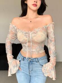 DAZY 女式全身碎花透明露肩长袖衬衫，情人节节日，露肩上衣，秋季女装 - 杏色 - 查看 6