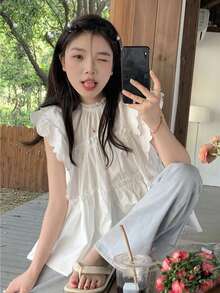 夏季女士荷叶袖衬衫，时尚甜美上衣，独特设计，完美可作外穿或内衣休闲穿着 - 白色 - 查看 5