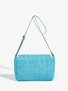 SHEIN SXY QUÝ VỊ, TÚI VAI NỮ, TÚI DỆT, Thời trang, Mùa hè, Kỳ nghỉ, Rơm, KỲ NGHỈ - Màu xanh lam - Xem 4