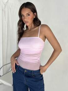 SHEIN EZwear Body de tirantes de malla de verano con pliegues empalmados para mujer