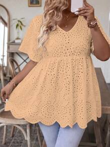 SHEIN LUNE Plus Size Summer Short Sleeve Hollow Out Embroidered V-Neck Shirt - Apricot - View 6