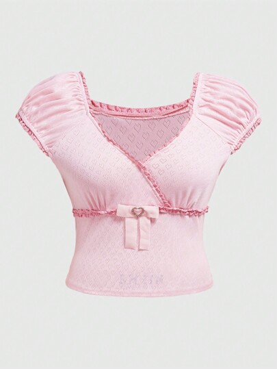 Kawaii Top de manga corta de punto para mujeres de talla grande con diseño de nudo de lazo y botón de joya, cuello en V