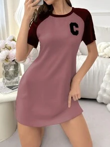 Vestido pijama de manga corta con bloqueo de color y estampado de letras, vestido de dormir de verano